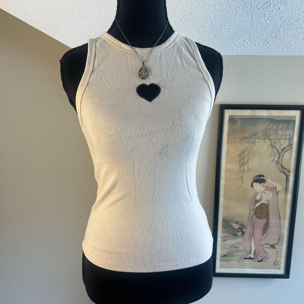 Wild Fable Ribbed Knit Tank Tan Heart Keyhole Women's Small Y2K